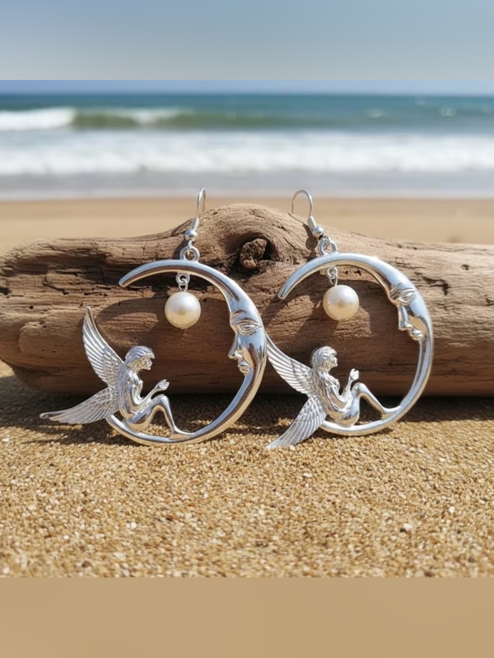 NEW! Unique Silver Moon & Fairy Drop Earrings with Pearl Accent.